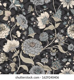 Floral seamless original pattern in vintage paisley style. Traditional floral pattern for fabric, wallpapers and backgrounds. Ornamental garden Flowers and leaves.