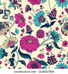 Floral seamless original pattern in vintage paisley style. Traditional floral pattern for fabric, wallpapers and backgrounds. Ornamental garden Flowers and leaves.
