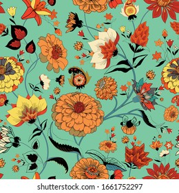 Floral seamless original pattern in vintage paisley style. Traditional floral pattern for fabric, wallpapers and backgrounds. Ornamental garden Flowers and leaves.