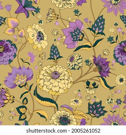 Floral seamless original pattern in vintage paisley style. Traditional floral pattern for fabric, wallpapers and backgrounds. Ornamental garden Flowers and leaves.