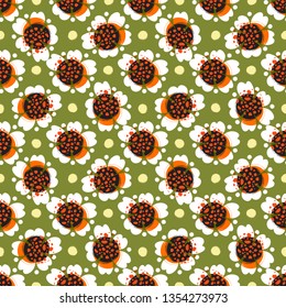 Floral seamless ornament. Abstract composition. Flowers, circles, dashes, strokes, vector illustration.