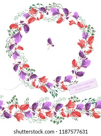 Floral seamless ornament, Wreath from plants. For your design of postcards, business cards, posters, website, magazine. Colorful hand drawn vector stock illustration. 