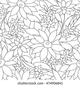 Floral seamless outline pattern. Flower engraving background. Floral ornamental monochrome texture with flowers. Spring flourish garden coloring page illustration. 