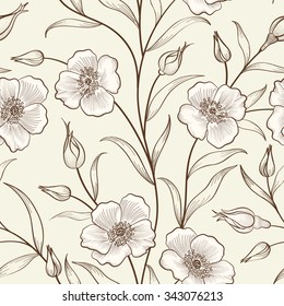 Floral seamless outline sketch pattern. Flower background. Floral tile spring texture with flowers Ornamental flourish garden cover for card design