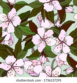 Floral seamless patten. Pink flowers with green leaves drawn by hand on a white background. Endless fabric texture.