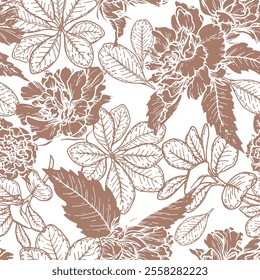 Padrão floral sem emenda na cor 2025 do ano Mocha Mousse. Fundo desenhado à mão com flor de silhueta e tom marrom. Perfeito para a criação de recursos gráficos na moda e design elegante.