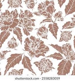 Padrão floral sem emenda na cor 2025 do ano Mocha Mousse. Fundo desenhado à mão com flor de silhueta e tom marrom. Perfeito para a criação de recursos gráficos na moda e design elegante.