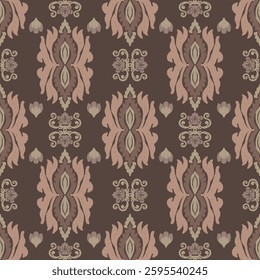 Floral seamless pattern in the 2025 color of the year Mocha Mousse. Hand drawn background with damask ikat flower and brown tone. Perfect for creating trendy graphic resource and stylish design