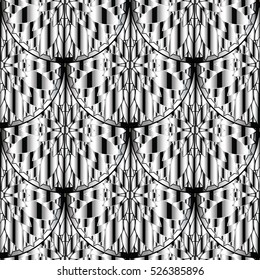 Floral seamless pattern. 3d background wallpaper with surface abstract flowers.Vector flourish black and white  endless 3d  texture.