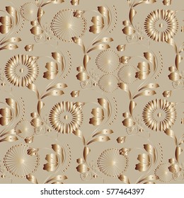 Floral seamless pattern. 3d gold flowers, swirl leaves and vintage ornaments.Light beige flowery background. Flourish wallpaper. Luxury vector surface texture for fabric, textile.