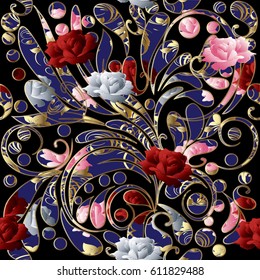 Floral seamless pattern with 3d red pink white roses and colorful paisley flowers. Flourish vector background wallpaper illustration with vintage flowery ornaments, swirl leaves and gold outline. 