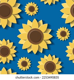 Floral seamless pattern. 3d Sunflowers on blue background. Yellow flowers in paper cut style. Vector illustration. svg
