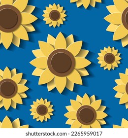 Nahtloses Muster ohne Blumen. 3D Sonnenblumen auf blauem Hintergrund. Gelbe Blumen im Papierschnitt. Vektorgrafik.	
