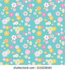 Blumennahtloses Muster im Vintage-Stil der 60er bis 70er Jahre. Gängige Blumen auf hellblauem Hintergrund. Heller Boho-Druck für Sommerdesign, Karten, Textilien.