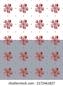 Floral seamless pattern. 60s, 70s groovy hippie graphic flowers. Cute design, geometric grid illustration, pink red color tones. Transparent background. Vector
