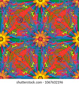 Floral seamless pattern. Abstract floral background. Greeting card. Abstract vector flowers in red, green and blue colors. Wedding invitation.