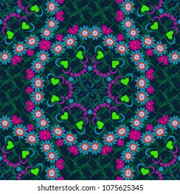 Floral seamless pattern. Abstract floral background. Greeting card. Abstract vector flowers in black, blue and green colors. Wedding invitation.