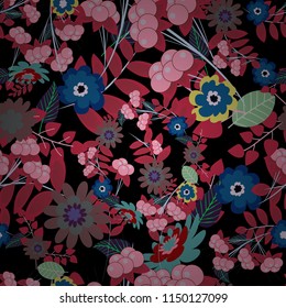Floral seamless pattern. Abstract floral background. Greeting card. Abstract vector flowers in pink, blue and black colors. Wedding invitation.