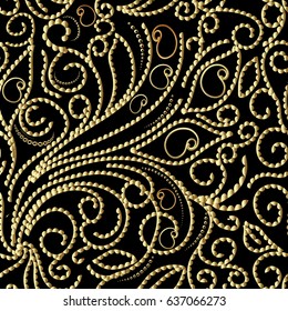 Floral  seamless pattern. Abstract black background wallpaper with vintage hand drawn gold 3d lace doodle paisley flowers, leaves and swirl line art tracery ornaments. Vector isolated fabric  texture
