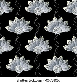 Floral seamless pattern. Abstract black repeating background wallpaper illustration with vintage hand drawn white flowers and line art wavy stems. Flourish vector luxury texture for fabric, textile