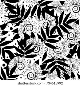 Floral seamless pattern. Abstract black white leafy background.  Modern wallpaper. Black tree leaves, branches, swirl spiral vintage lines, dots and elegance foliage ornaments. Vector isolated texture