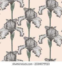 Floral Seamless Pattern with Abstract Blooming Iris Flowers.  Nature Background for Fabric, Wallpaper, Invitations. Vector illustration.