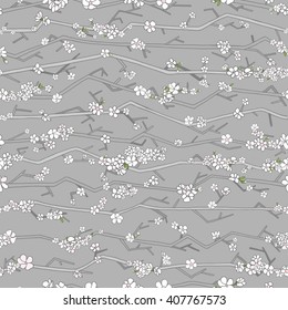 Floral Seamless Pattern with Abstract Branch Blossom Sakura, Cherry Tree with Flowers Isolated on Gray Background. Hand Drawn Nature Illustration. Vector Texture.