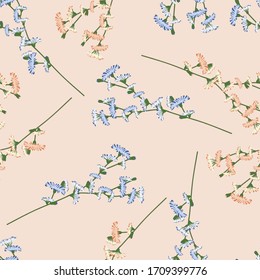 Floral seamless pattern. Abstract branches scattered random. Trendy vector texture. Good for fashion prints, design. Hand drawn small blue and red flowers on white background with polka dots