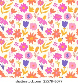 Floral seamless pattern with abstract bright colours, berries, leaves on a light background