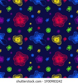 Floral sin costuras con flores coloreadas de doodle abstracto (amarillo, azul, verde, rosa, rojo).Ornamento de flores de línea brillante vectorial.Sobre fondo azul.Para telas, textiles, papel pintado, otros.