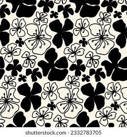 Floral seamless pattern with abstract flower and leaves. Monochrome line art and silhouette flower elements, vector background for surface design, fabric, textile wallpaper