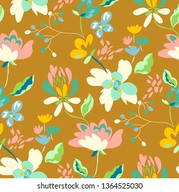 Floral seamless pattern with abstract flowers and leaves. Painted flowers background