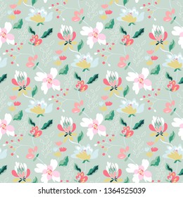 Floral seamless pattern with abstract flowers and leaves. Painted flowers background. 