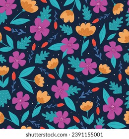 Patrón floral sin fisuras con flores abstractas y hojas sobre fondo azul oscuro para papel de pared, estampados textiles para viveros, reserva de recortes, fondos, papel de envoltura, etc. EPS 10