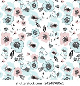 Floral seamless pattern with abstract flowers on background. Watercolor illustration blossoming meadow in vintage rustic style.