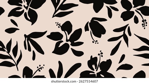 Padrão floral sem emenda. Fundo de flores abstratas. Impressão moderna em fundo preto e branco. Ideal para design têxtil, papel de parede, capas, cartazes, cartões, decoração e embalagem.