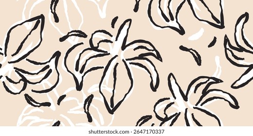 Floral seamless pattern. Abstract flowers background. Modern print in black and beige background. Ideal for textile design, wallpaper, covers, posters, cards, decoration and packaging.