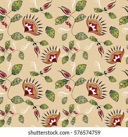 Floral seamless pattern with abstract flowers and leaves