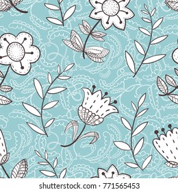 Floral seamless pattern with abstract  flowers.Doodle background with flowers and leaves.  Vector illustration for summer and spring textile, wrapping, fabric.