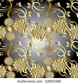  Floral  seamless pattern. Abstract flowery background wallpaper with surface vintage decorative gold 3d flowers, leaves and pattern ornaments. Rich decor elements with shadows and highlights.