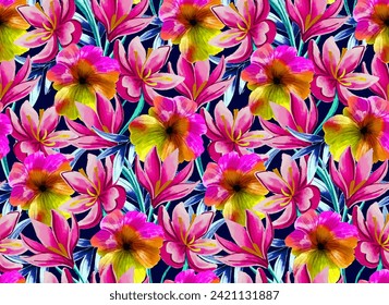Floral  seamless pattern.  abstract Garden of lowers. Pink flowers on a dark background. Template for fabrics, textiles, paper, wallpaper, interior decoration. Vintage. Watercolor illustration. 