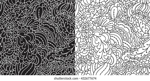 Floral seamless pattern. Abstract herbal pattern for textiles. Intricate plants seamless pattern. Black and white pattern in two versions.