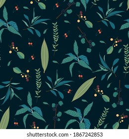 Floral seamless pattern with abstract herbs and berries.