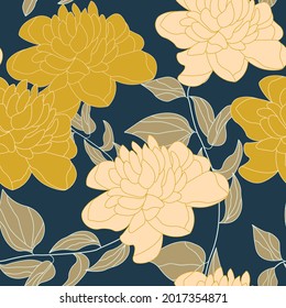 Floral seamless pattern. Abstract large garden flowers on a dark background. Vector illustration of peonies and leaves. Design for fashion, interior, fabric, packaging.