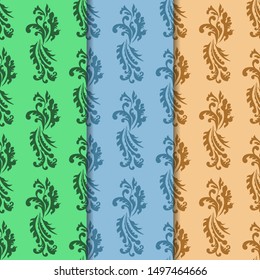 floral seamless pattern abstract leaves, swirls set of three 
