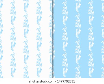 floral seamless pattern abstract leaves, swirls blue, set of two 