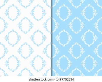 floral seamless pattern abstract leaves, swirls blue, set of two 