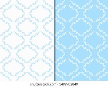floral seamless pattern abstract leaves, swirls blue, set of two 