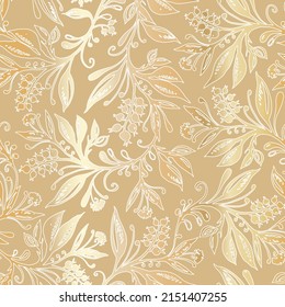 Floral seamless pattern with abstract leaves and berries of beige color with a gold gradient. Design for wallpaper, wrapping products, textiles, fabrics