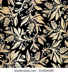 Floral seamless pattern with abstract leaves and berries in gold on black backdrop. Design for wallpapers, wrappings, textiles, fabrics.